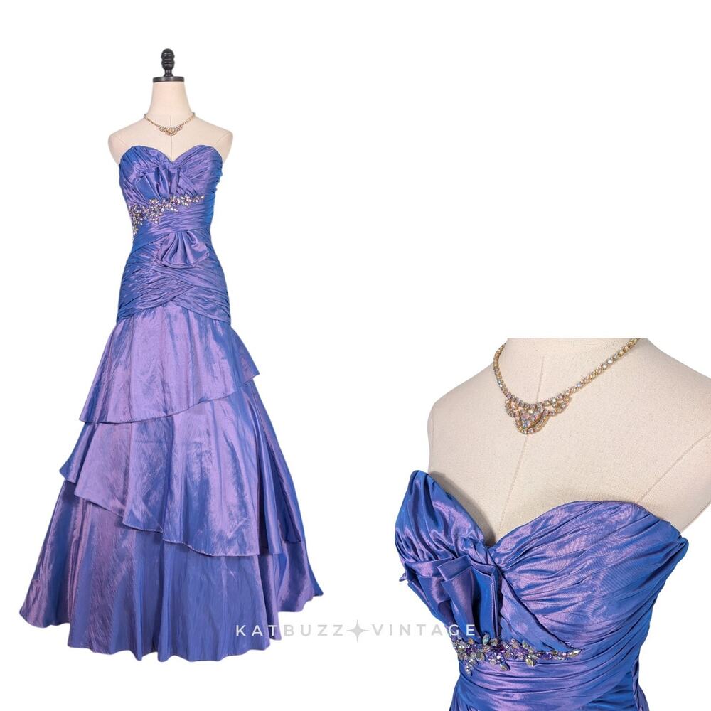 Vintage Tony Bowls Prom Dress Maxi Gown 8 Purple Princess Strapless Glam Ruffle